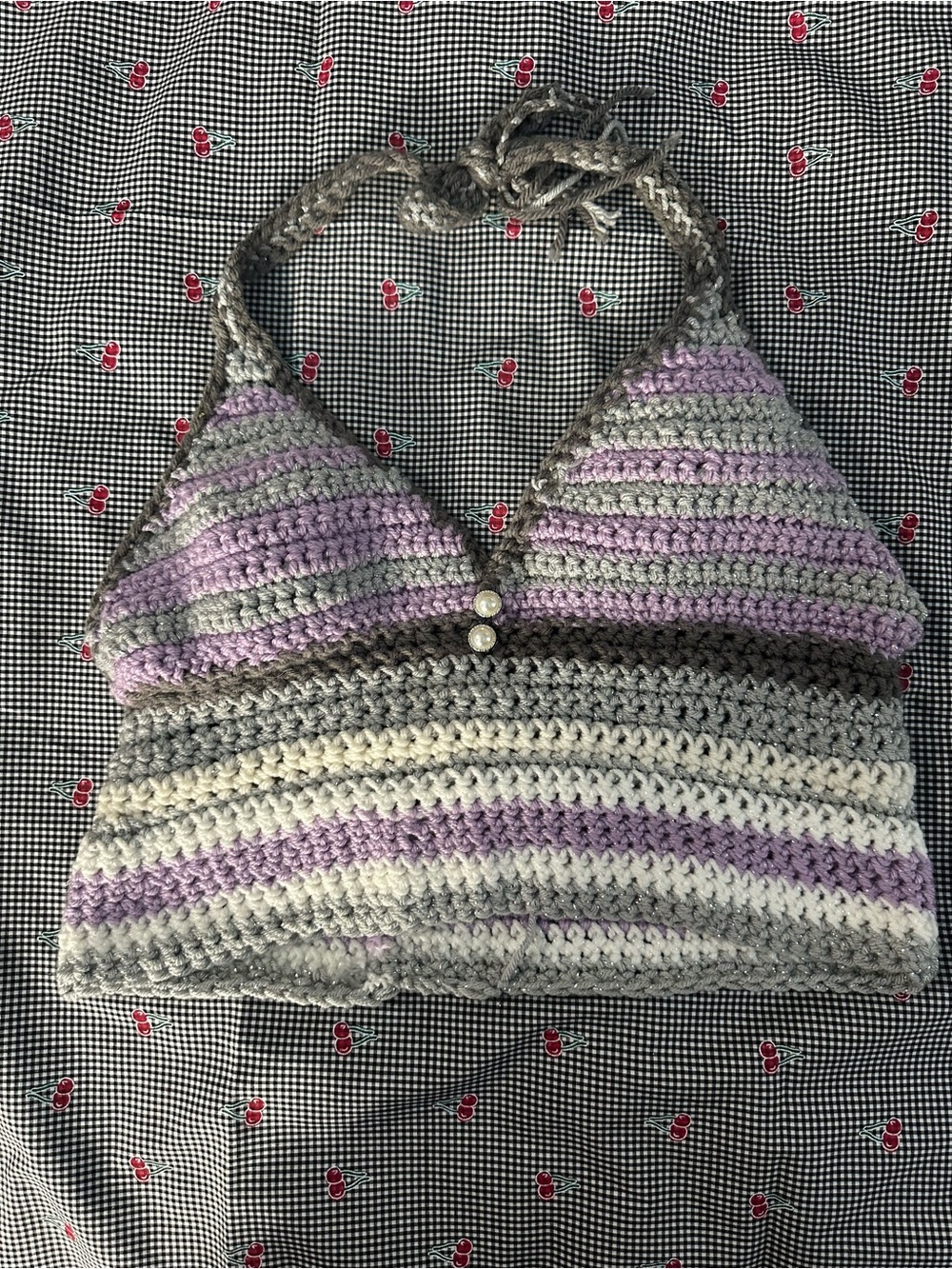 Handmade Crochet Halter Tank Top in Lavender, Gray and Cream